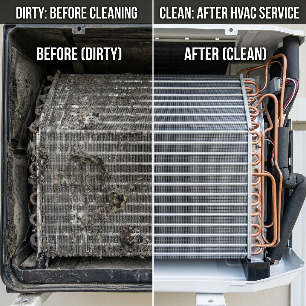 Before and After: Clogged evaporator coils with heavy mold buildup vs. clean, sanitized fins after high-pressure jet cleaning in Parambil Bazar