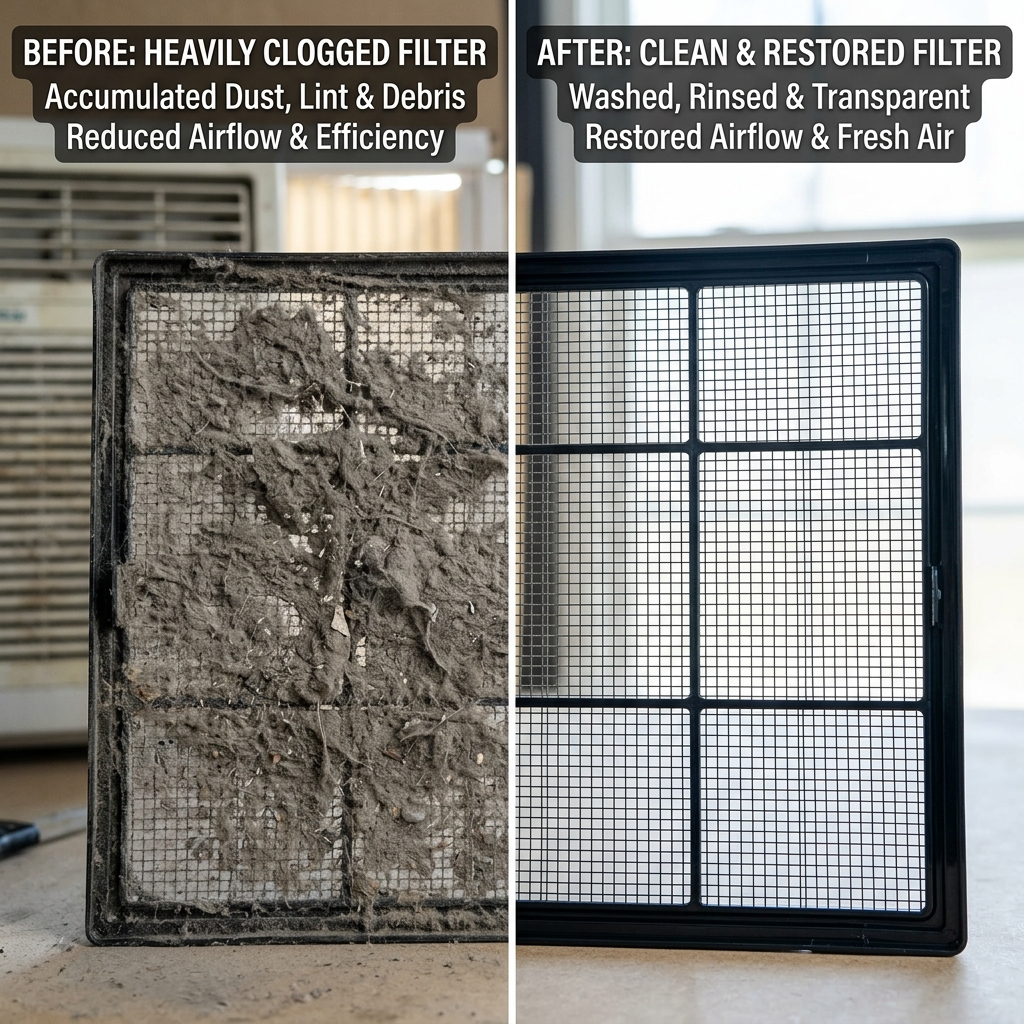 Before and After: Dusty AC mesh filter clogged with gray lint vs. clean washed mesh filter during AC maintenance in Parambil Bazar